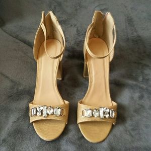 Jeweled Tan Back Zip Block Heel Shoe